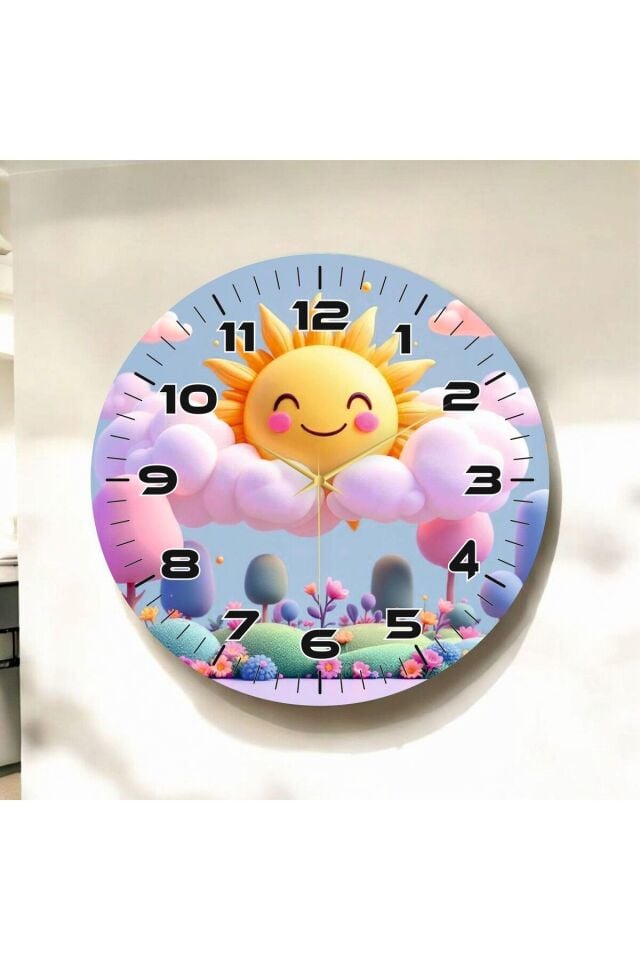 Renkli Baskı Güneş Bulut Çocuk Desenli Sayılı Hediyelik Ahşap Sessiz Duvar Saati 50cm