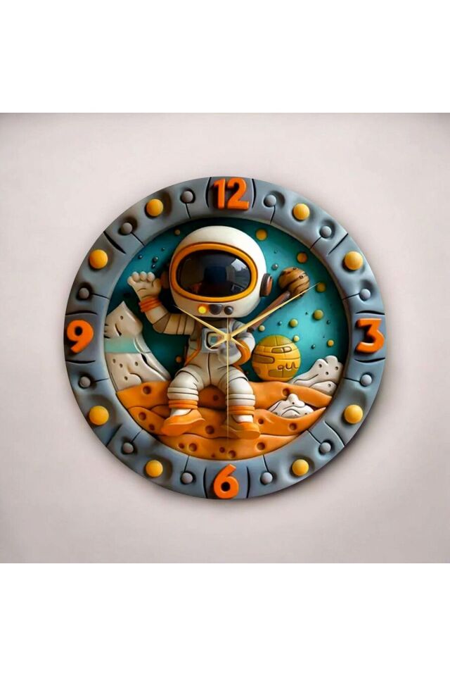Renkli Baskı Astronot Uzay Çocuk Desenli Sayılı Hediyelik Ahşap Sessiz Duvar Saati 50cm
