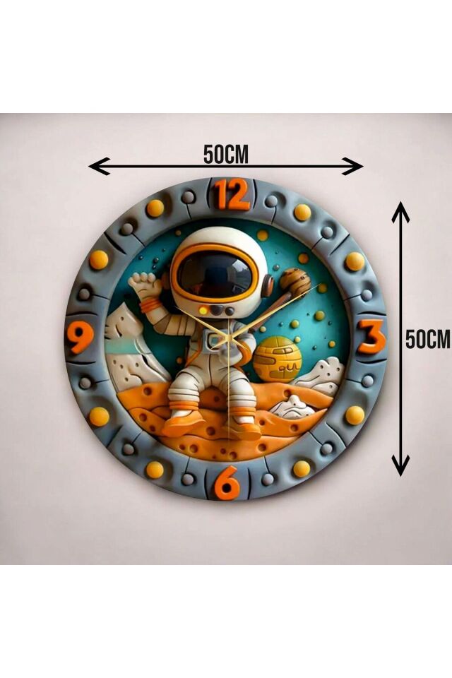 Renkli Baskı Astronot Uzay Çocuk Desenli Sayılı Hediyelik Ahşap Sessiz Duvar Saati 50cm