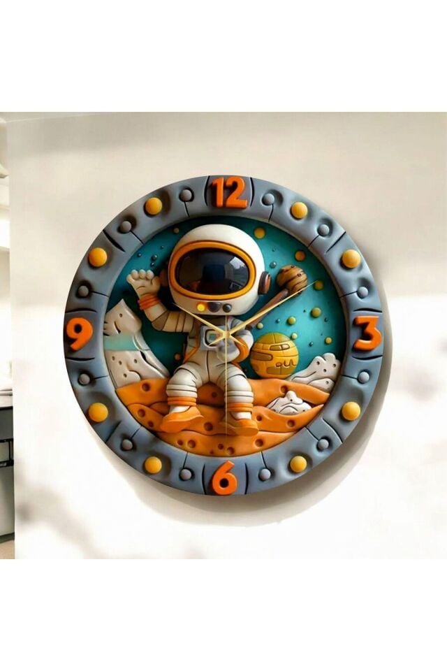Renkli Baskı Astronot Uzay Çocuk Desenli Sayılı Hediyelik Ahşap Sessiz Duvar Saati 50cm