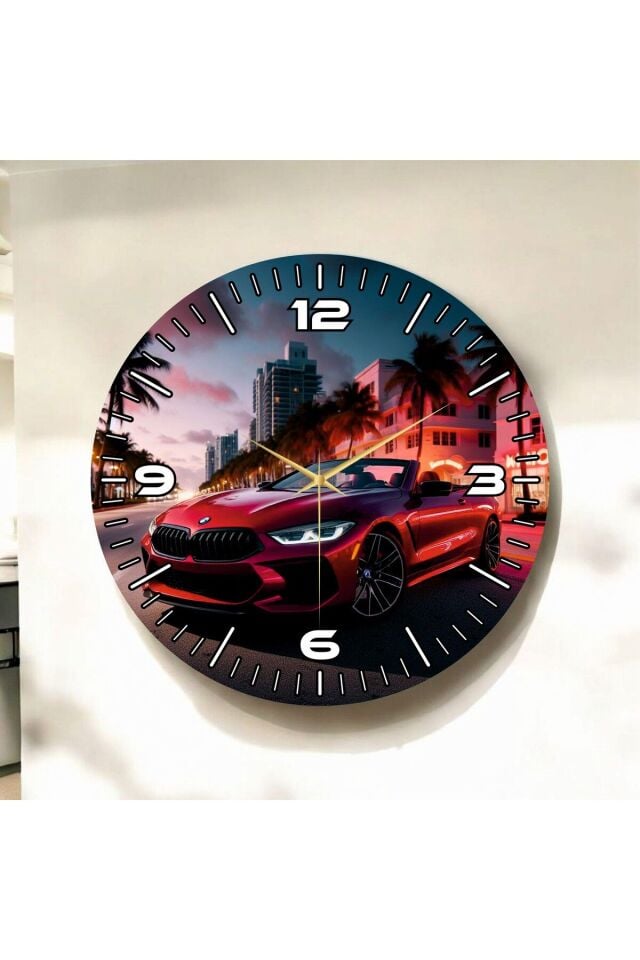 Renkli Baskı Araba Desenli Sayılı Hediyelik Ahşap Sessiz Duvar Saati 50cm