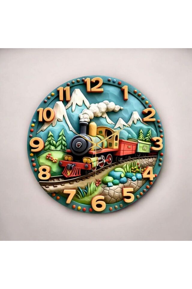 Renkli Baskı Tren Çocuk Desenli Sayılı Hediyelik Ahşap Sessiz Duvar Saati 50cm