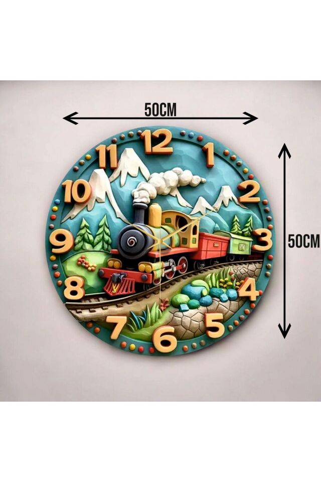 Renkli Baskı Tren Çocuk Desenli Sayılı Hediyelik Ahşap Sessiz Duvar Saati 50cm