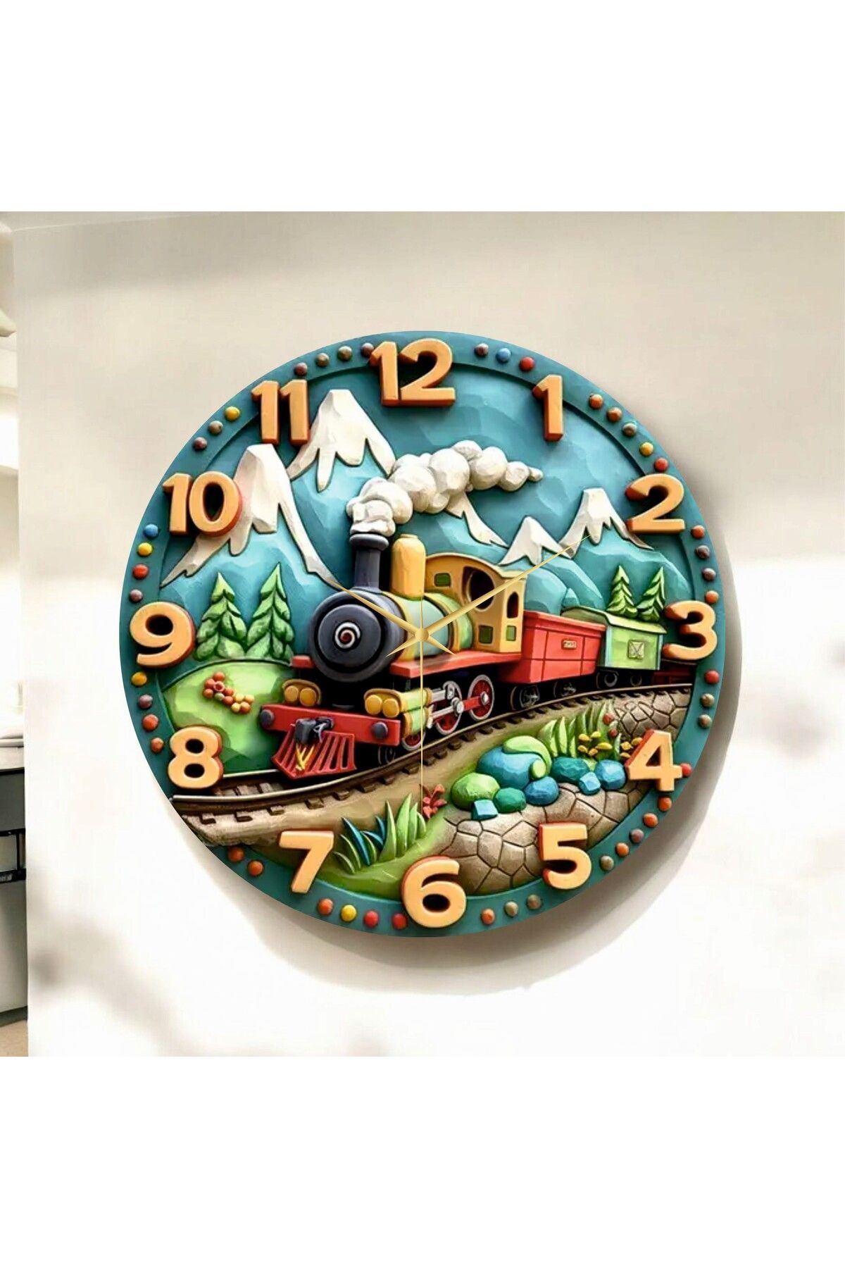 Renkli Baskı Tren Çocuk Desenli Sayılı Hediyelik Ahşap Sessiz Duvar Saati 50cm