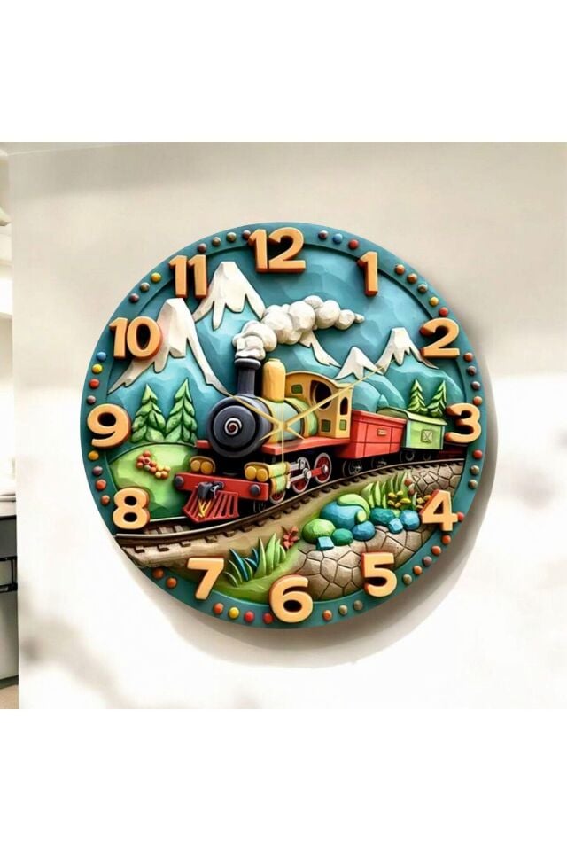 Renkli Baskı Tren Çocuk Desenli Sayılı Hediyelik Ahşap Sessiz Duvar Saati 50cm
