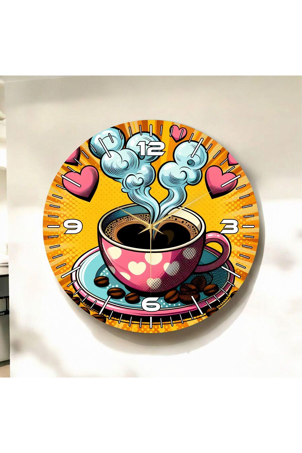 Renkli Baskı Kahve Desenli Sayılı Hediyelik Ahşap Sessiz Duvar Saati 50cm