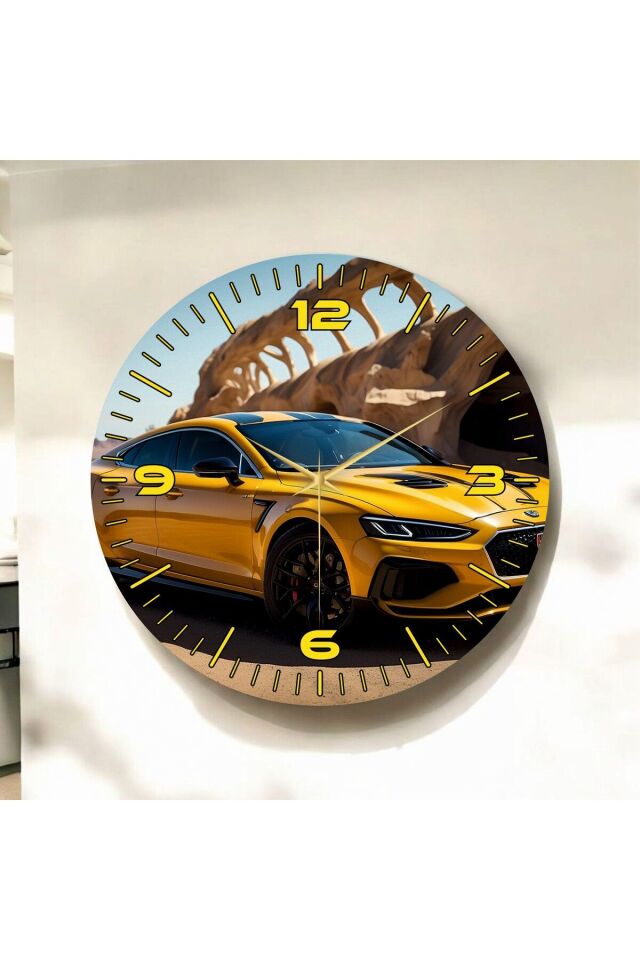 Renkli Baskı Sarı Araba Desenli Sayılı Hediyelik Ahşap Sessiz Duvar Saati 50cm