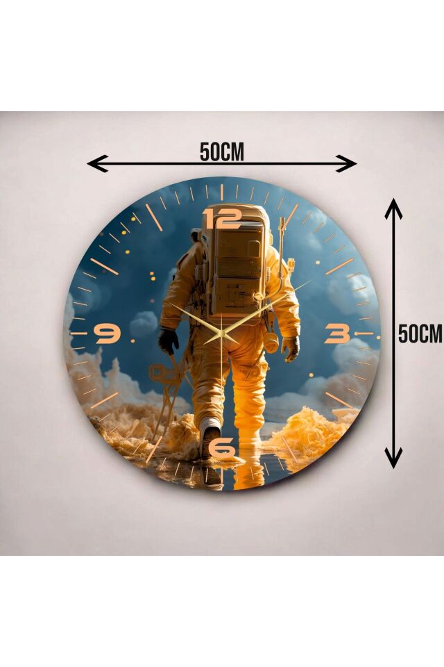 Renkli Baskı Uzay Astronot Desenli Sayılı Hediyelik Ahşap Sessiz Duvar Saati 50cm
