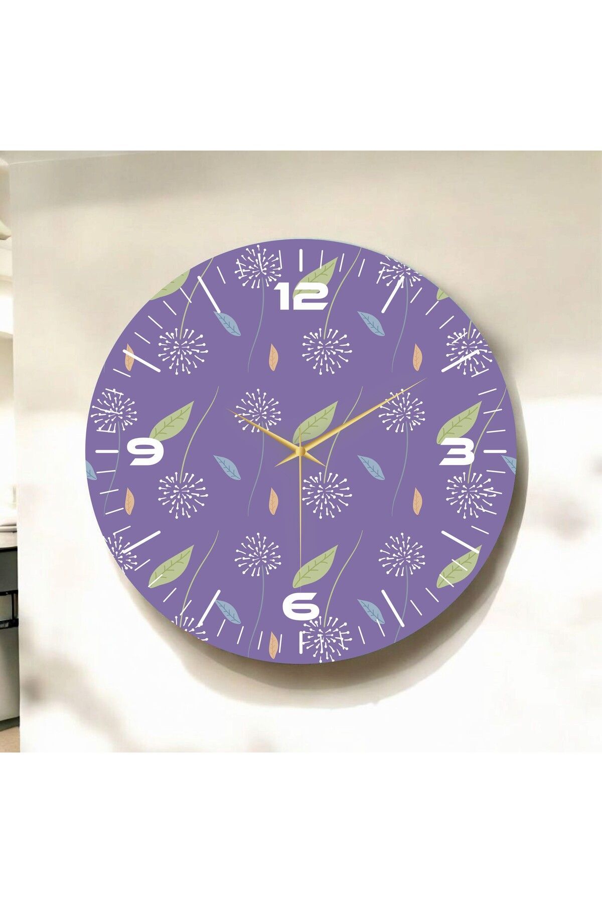Renkli Baskı Yaprak Desenli Sayılı Hediyelik Ahşap Sessiz Duvar Saati 50cm
