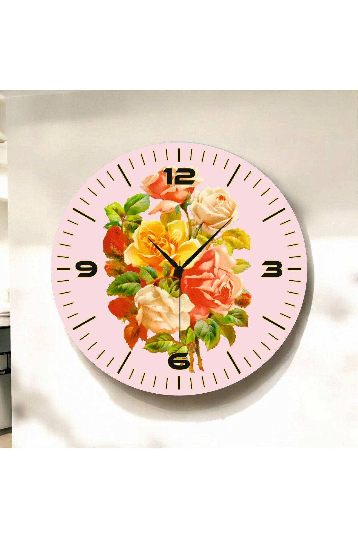 Renkli Baskı Çiçek Gül Desenli Sayılı Hediyelik Ahşap Sessiz Duvar Saati 50cm