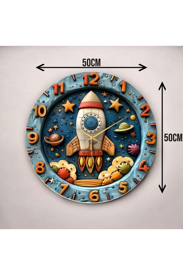 Renkli Baskı Uzay Çocuk Desenli Sayılı Hediyelik Ahşap Sessiz Duvar Saati 50cm