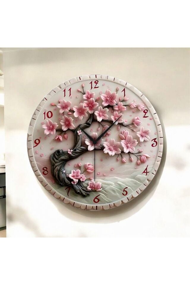 Renkli Baskı Çiçek Desenli Sayılı Hediyelik Ahşap Sessiz Duvar Saati 50cm