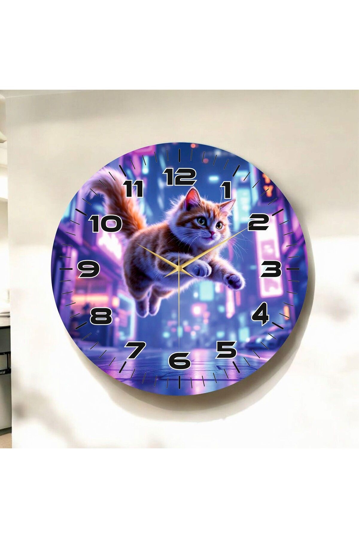 Renkli Baskı Kedi Çocuk Desenli Sayılı Hediyelik Ahşap Sessiz Duvar Saati 50cm