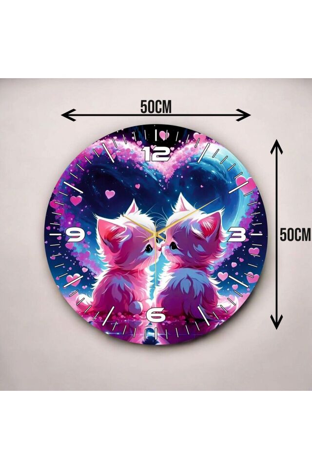 Mor Renkli Baskı Kedi Desenli Sayılı Hediyelik Ahşap Sessiz Duvar Saati 50cm