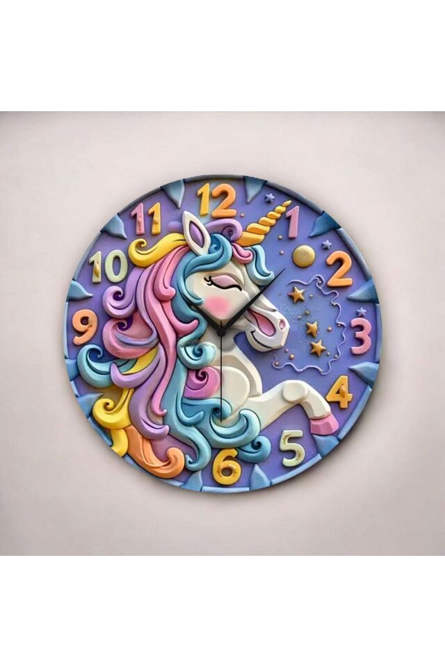 Renkli Baskı At Çocuk Desenli Sayılı Hediyelik Ahşap Sessiz Duvar Saati 50cm