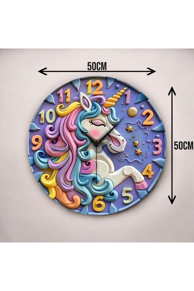 Renkli Baskı At Çocuk Desenli Sayılı Hediyelik Ahşap Sessiz Duvar Saati 50cm