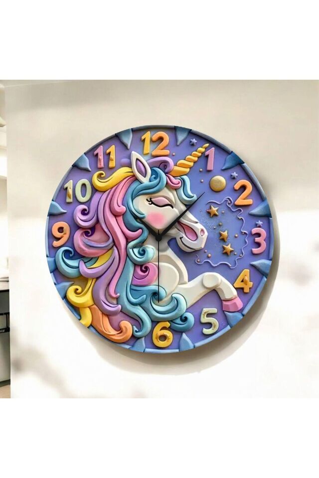 Renkli Baskı At Çocuk Desenli Sayılı Hediyelik Ahşap Sessiz Duvar Saati 50cm
