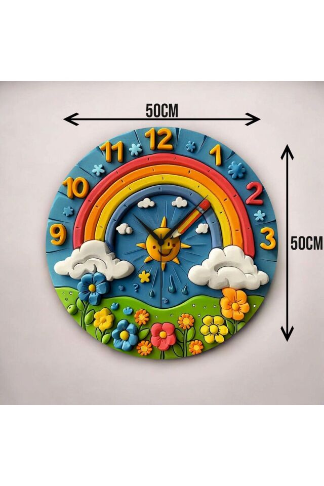 Renkli Baskı Güneş Doğa Çocuk Desenli Sayılı Hediyelik Ahşap Sessiz Duvar Saati 50cm