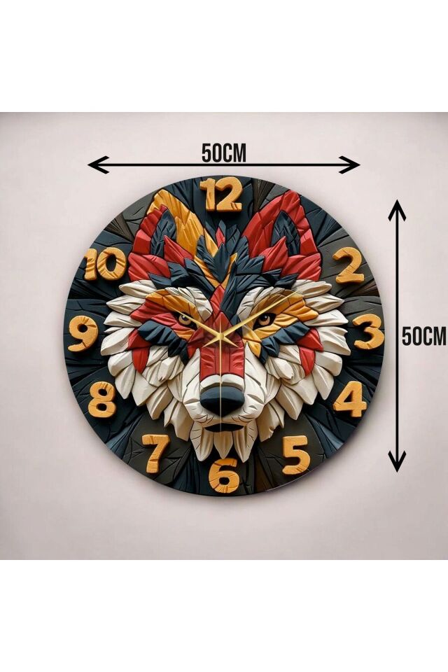Renkli Baskı Kurt Hayvan Desenli Sayılı Hediyelik Ahşap Sessiz Duvar Saati 50cm