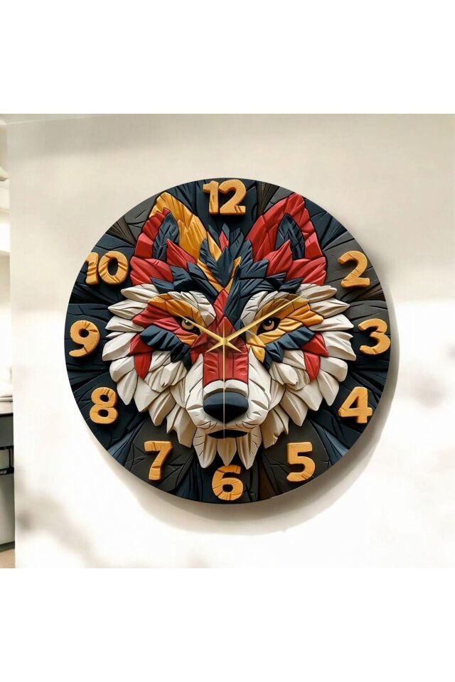 Renkli Baskı Kurt Hayvan Desenli Sayılı Hediyelik Ahşap Sessiz Duvar Saati 50cm