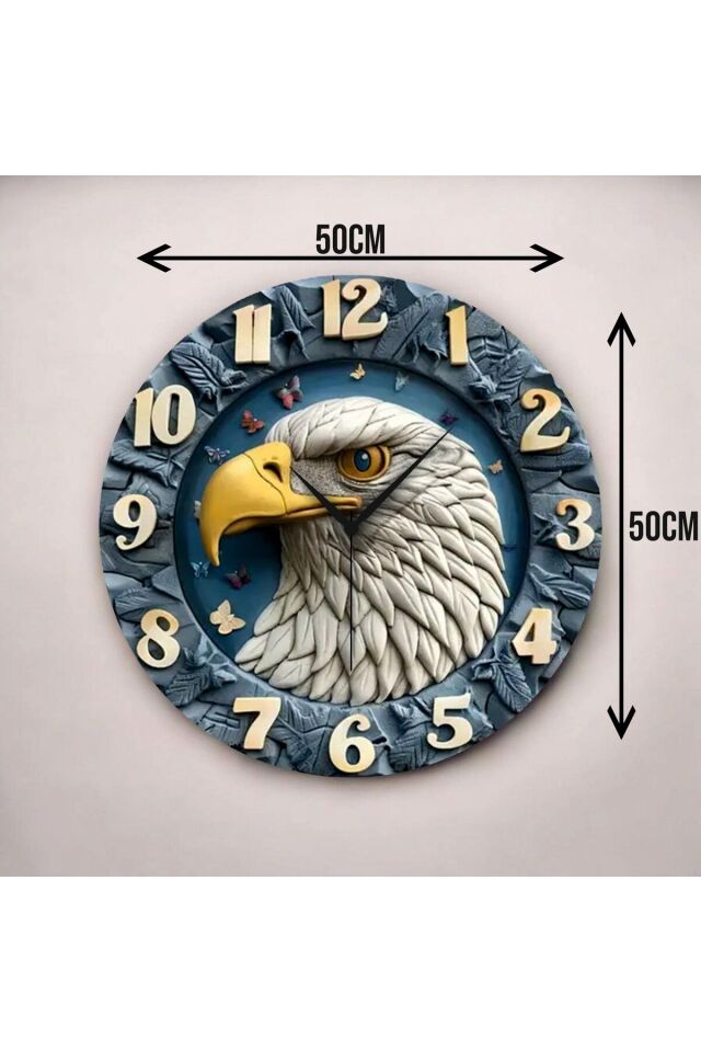 Renkli Baskı Kartal Hayvan Desenli Sayılı Hediyelik Ahşap Sessiz Duvar Saati 50cm