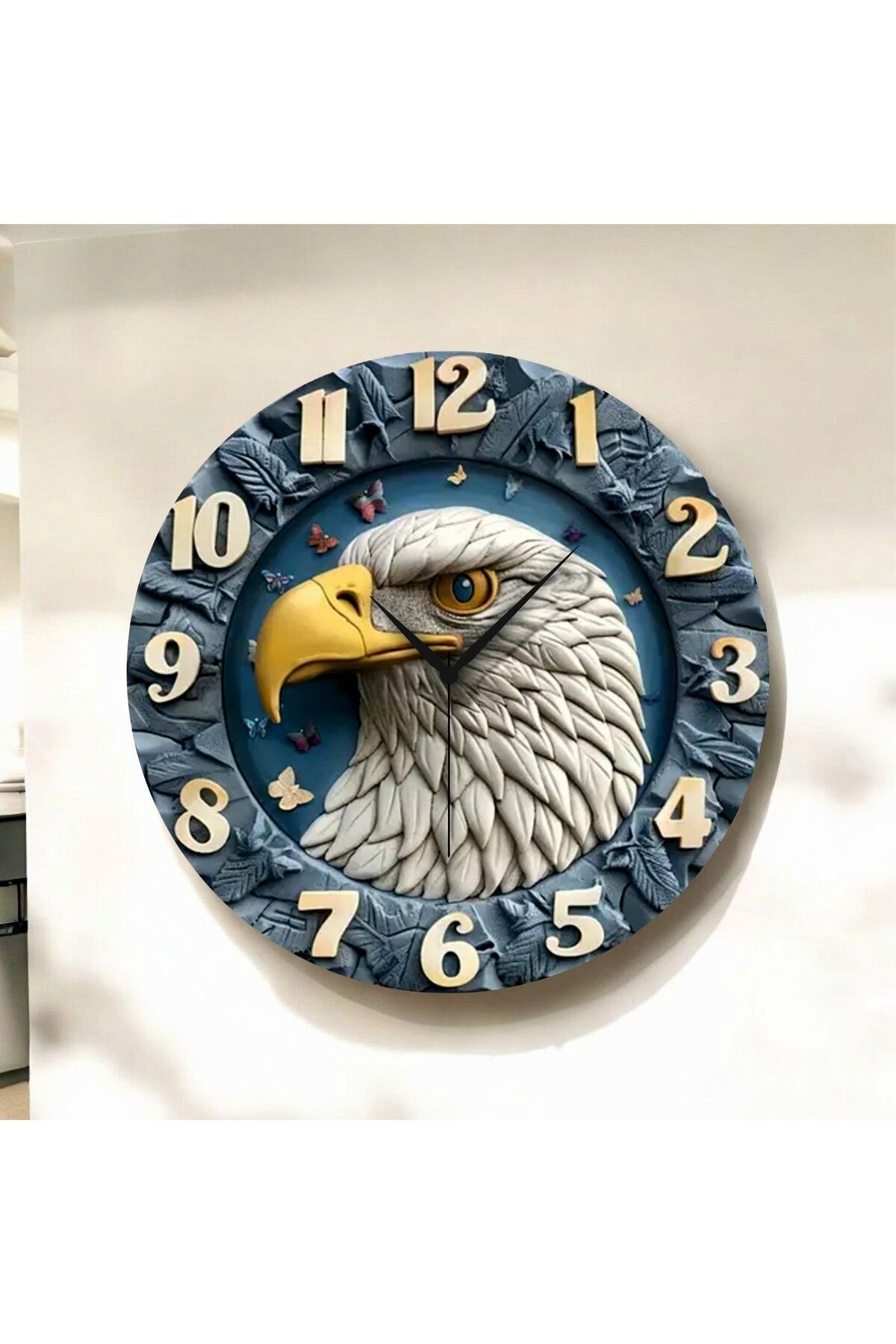 Renkli Baskı Kartal Hayvan Desenli Sayılı Hediyelik Ahşap Sessiz Duvar Saati 50cm