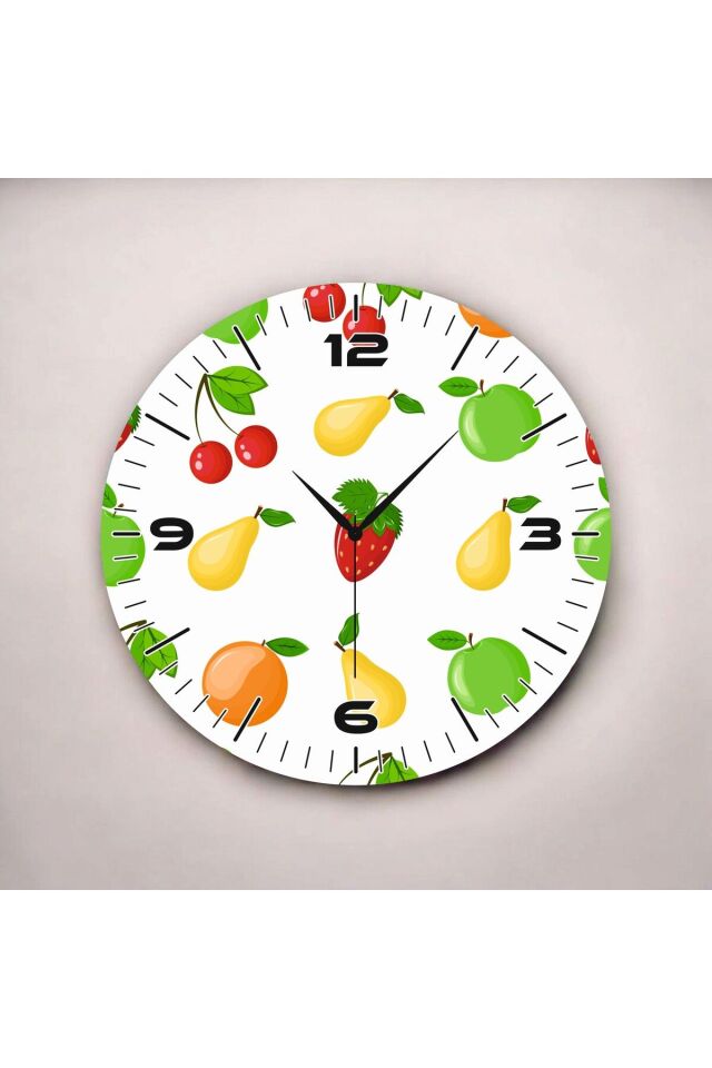 Renkli Baskı Meyve Desenli Sayılı Hediyelik Ahşap Sessiz Duvar Saati 50cm