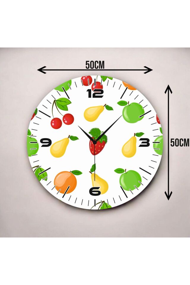 Renkli Baskı Meyve Desenli Sayılı Hediyelik Ahşap Sessiz Duvar Saati 50cm