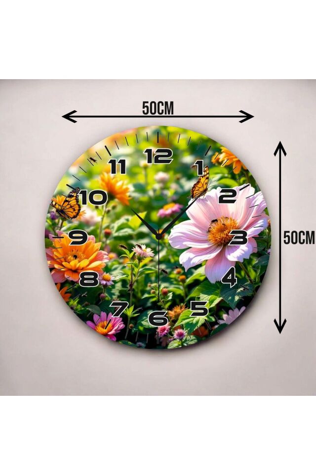 Renkli Baskı Çiçek Doğa Desenli Sayılı Hediyelik Ahşap Sessiz Duvar Saati 50cm