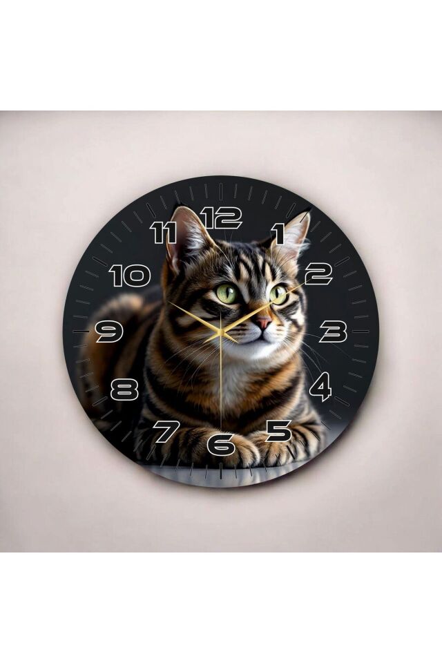 Renkli Baskı Kedi Desenli Sayılı Hediyelik Ahşap Sessiz Duvar Saati 50cm