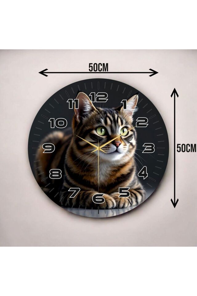 Renkli Baskı Kedi Desenli Sayılı Hediyelik Ahşap Sessiz Duvar Saati 50cm