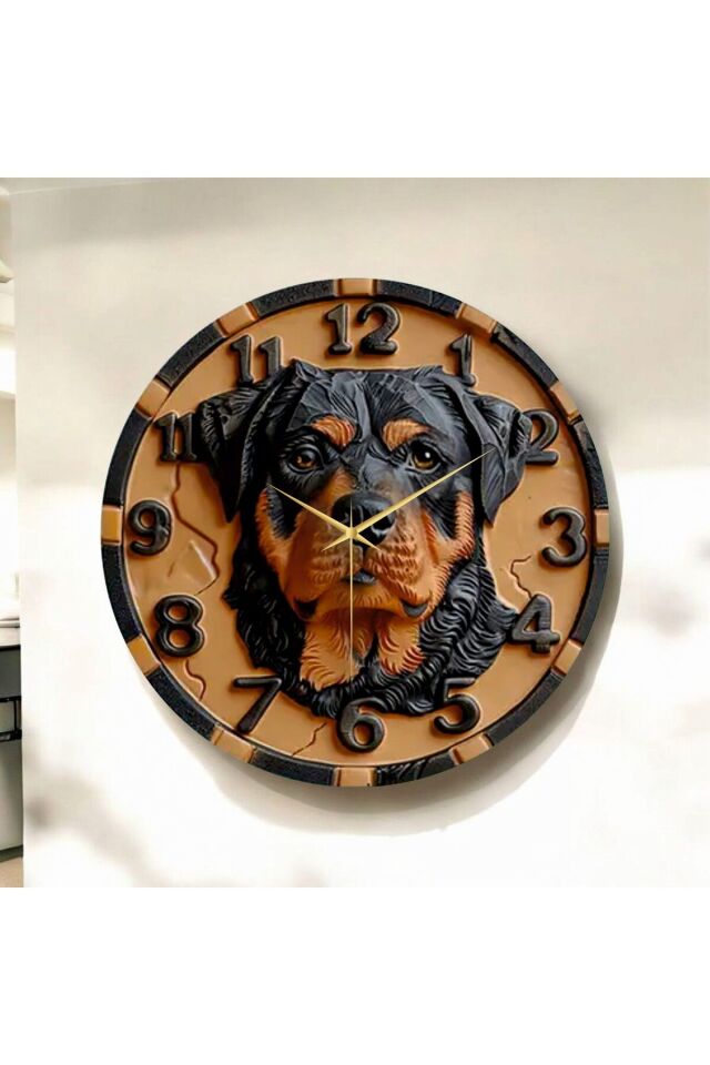 Renkli Baskı Köpek Hayvan Desenli Sayılı Hediyelik Ahşap Sessiz Duvar Saati 50cm