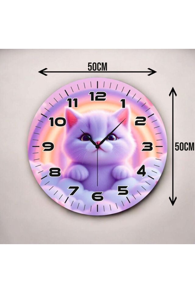 Mor Renkli Baskı Kedi Desenli Sayılı Hediyelik Ahşap Sessiz Duvar Saati 50cm
