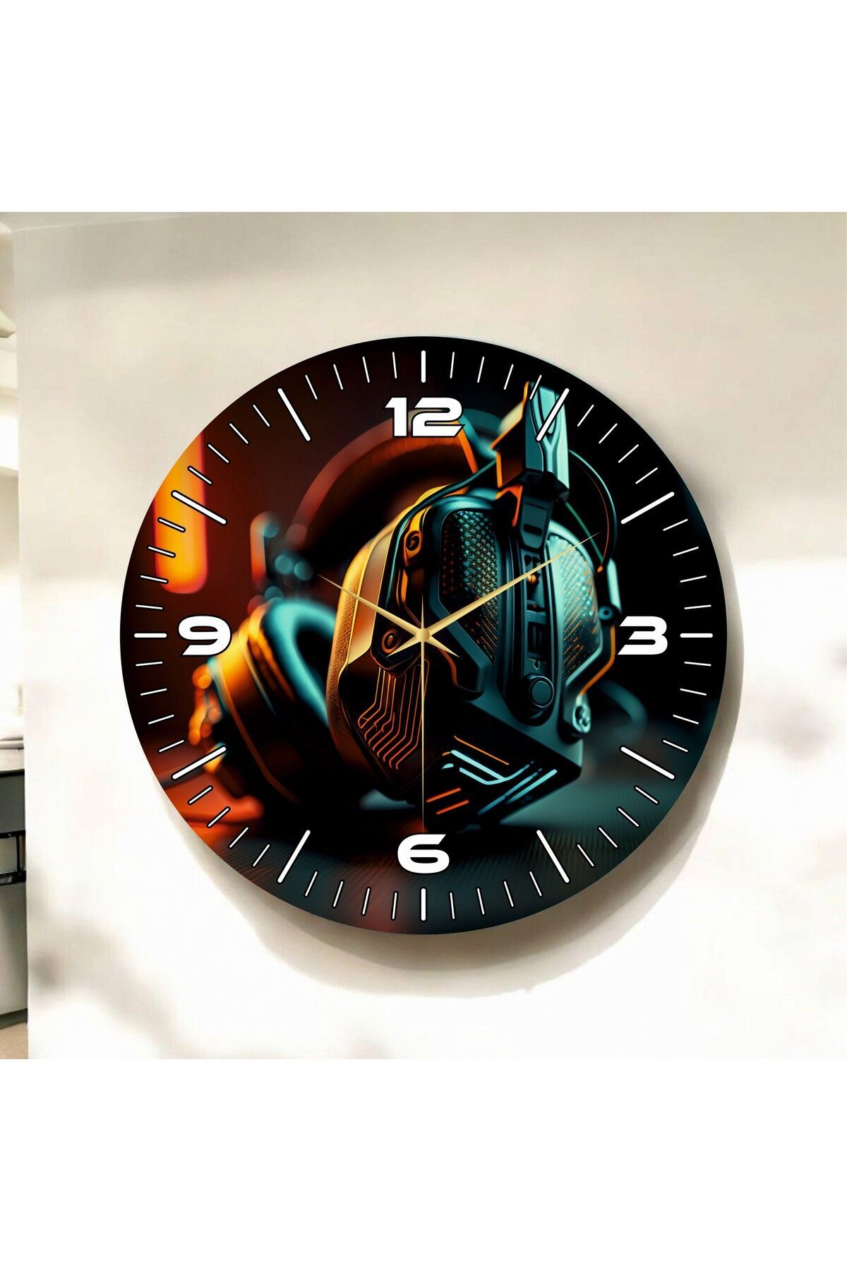 Gamer Oyuncu Renkli Baskı Kulaklık Desenli Sayılı Hediyelik Ahşap Sessiz Duvar Saati 50cm