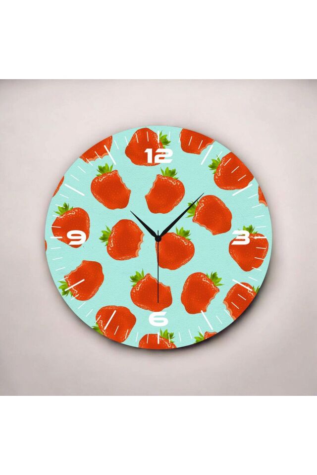 Renkli Baskı Çilek Meyve Desenli Sayılı Hediyelik Ahşap Sessiz Duvar Saati 50cm