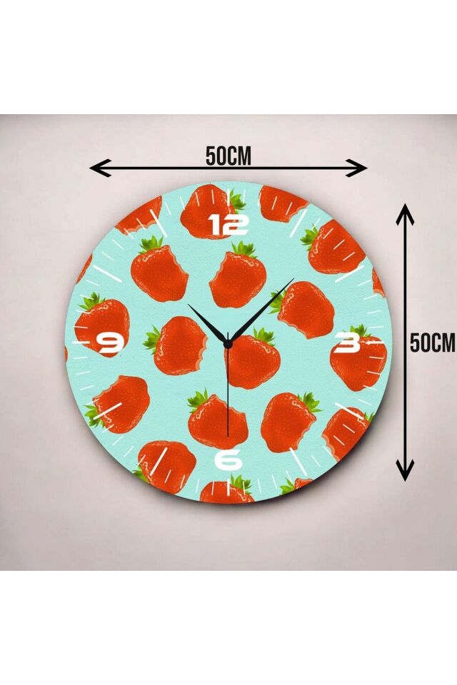 Renkli Baskı Çilek Meyve Desenli Sayılı Hediyelik Ahşap Sessiz Duvar Saati 50cm