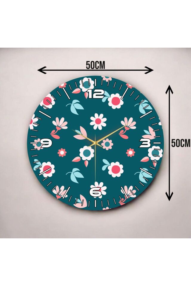 Renkli Baskı Çiçek Desenli Sayılı Hediyelik Ahşap Sessiz Duvar Saati 50cm