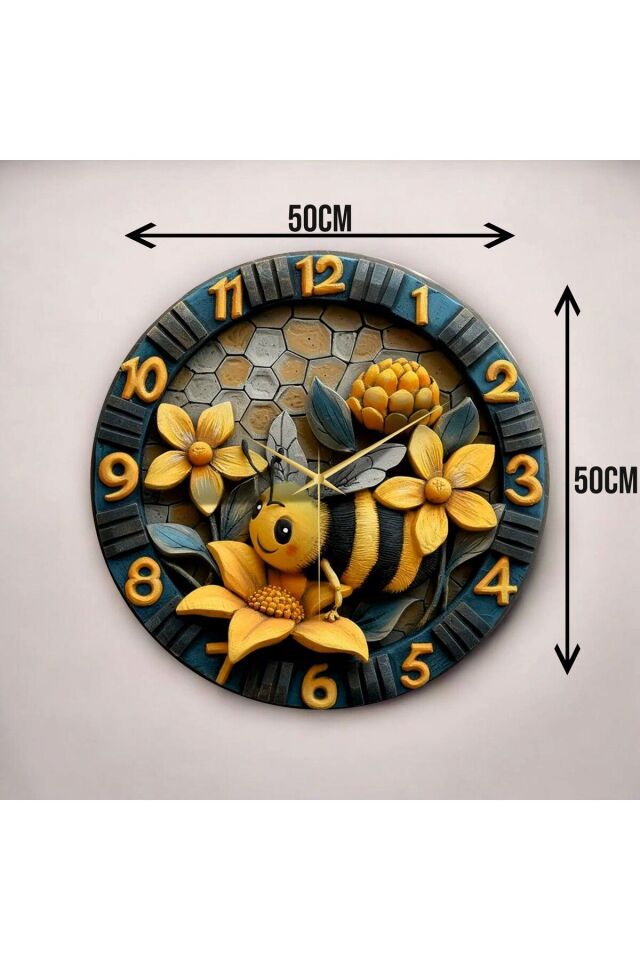 Kabartma Görünümlü Renkli Arı Çiçek Çocuk Desenli Sayılı Hediyelik Ahşap Sessiz Duvar Saati 50cm