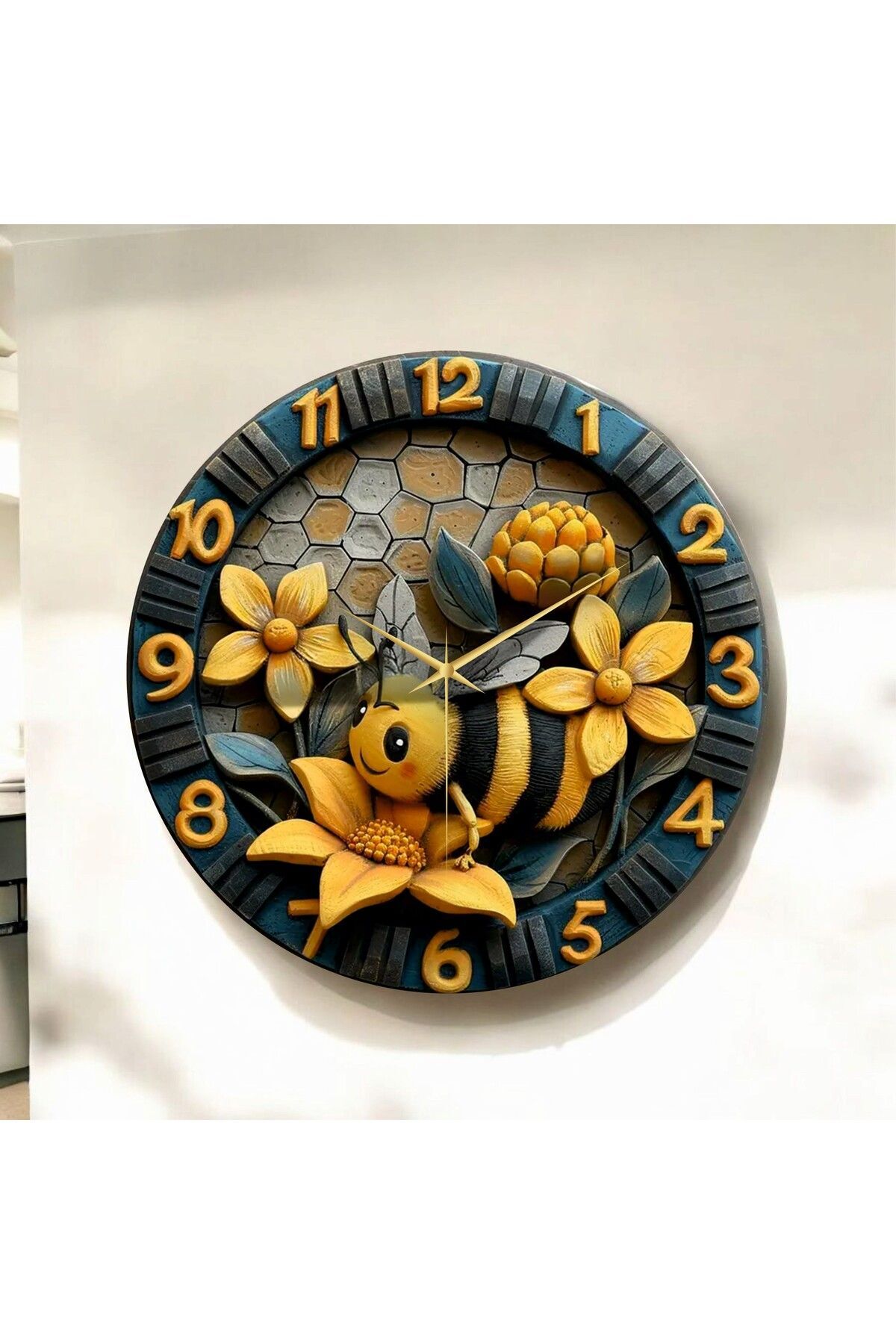 Kabartma Görünümlü Renkli Arı Çiçek Çocuk Desenli Sayılı Hediyelik Ahşap Sessiz Duvar Saati 50cm