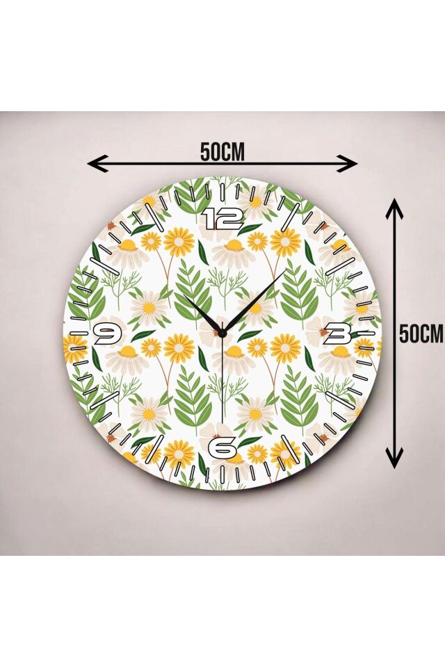 Renkli Baskı Çiçek Desenli Sayılı Hediyelik Ahşap Sessiz Duvar Saati 50cm