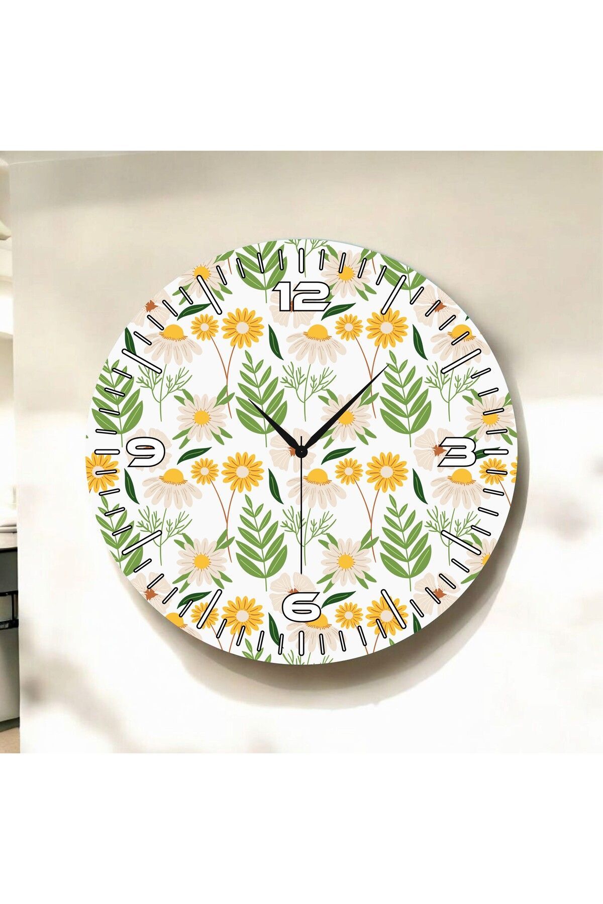 Renkli Baskı Çiçek Desenli Sayılı Hediyelik Ahşap Sessiz Duvar Saati 50cm