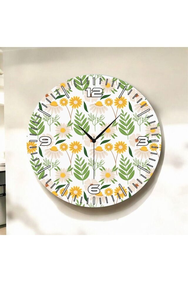 Renkli Baskı Çiçek Desenli Sayılı Hediyelik Ahşap Sessiz Duvar Saati 50cm