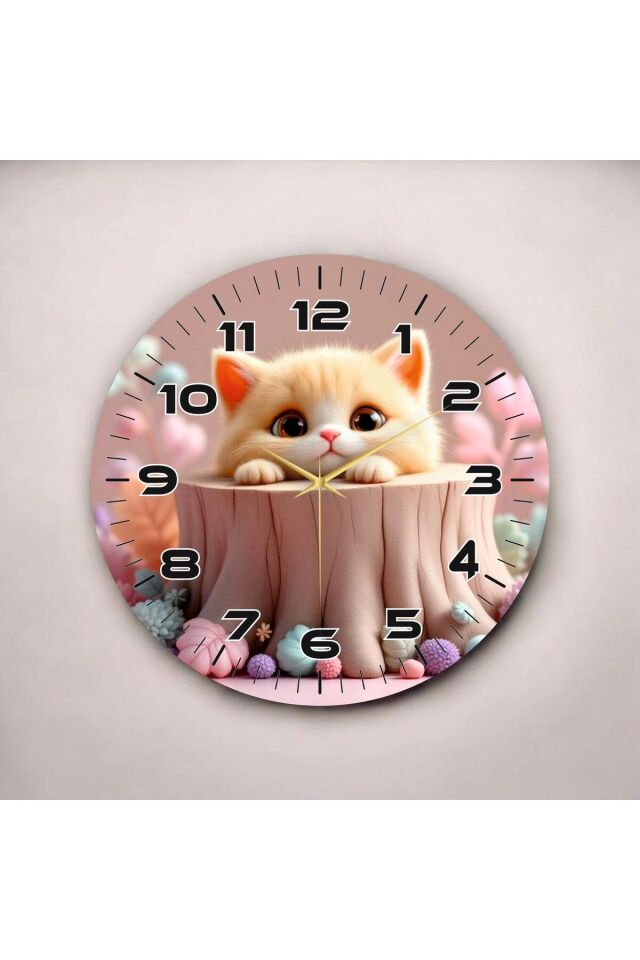 Renkli Baskı Kedi Çocuk Desenli Sayılı Hediyelik Ahşap Sessiz Duvar Saati 50cm