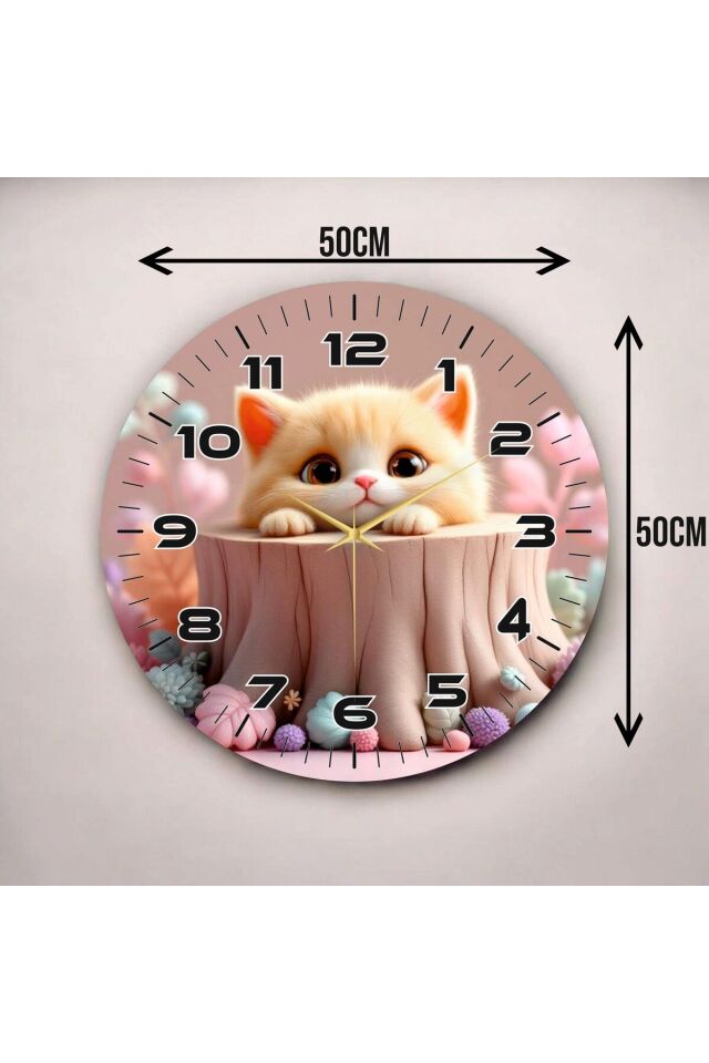 Renkli Baskı Kedi Çocuk Desenli Sayılı Hediyelik Ahşap Sessiz Duvar Saati 50cm