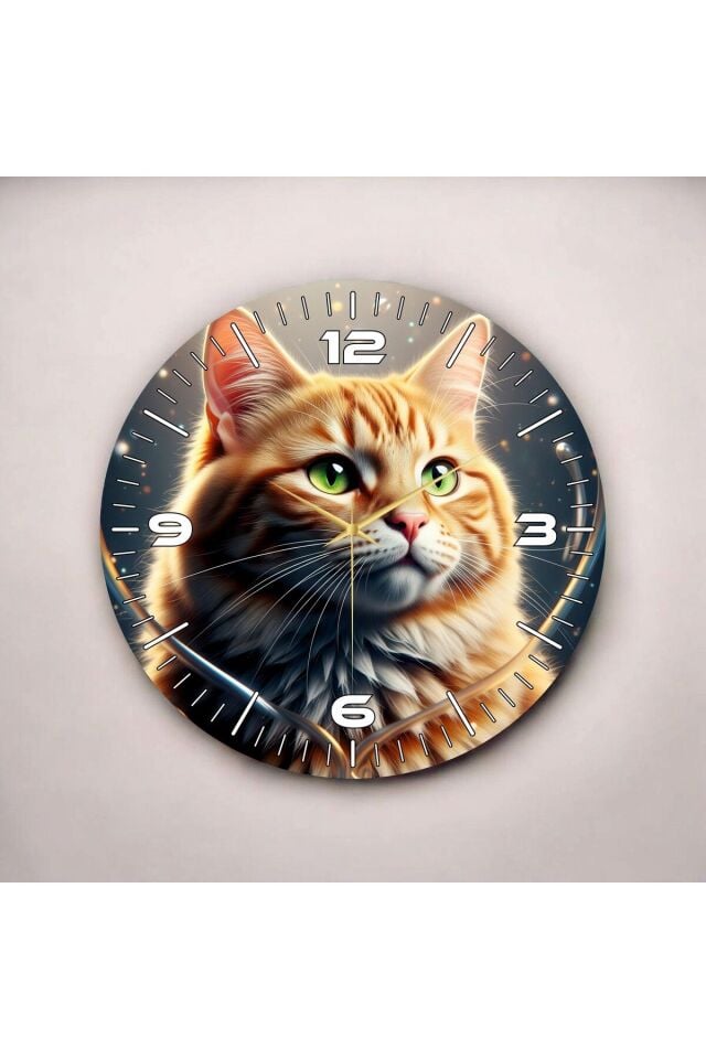 Renkli Baskı Kedi Hayvan Desenli Sayılı Hediyelik Ahşap Sessiz Duvar Saati 50cm
