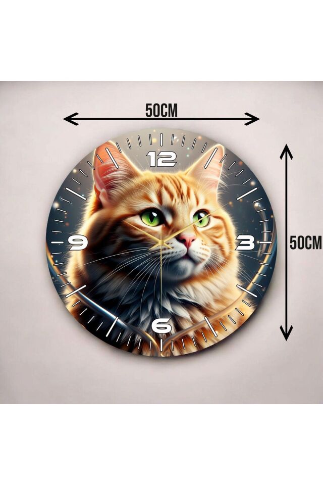 Renkli Baskı Kedi Hayvan Desenli Sayılı Hediyelik Ahşap Sessiz Duvar Saati 50cm