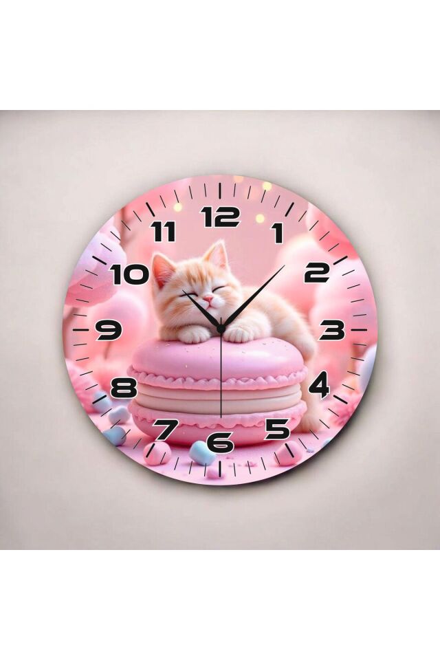 Pembe Kedi Renkli Baskı Hayvan Desenli Sayılı Hediyelik Ahşap Sessiz Duvar Saati 50cm