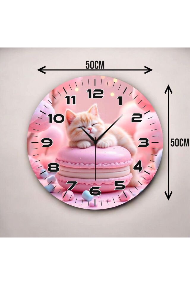 Pembe Kedi Renkli Baskı Hayvan Desenli Sayılı Hediyelik Ahşap Sessiz Duvar Saati 50cm