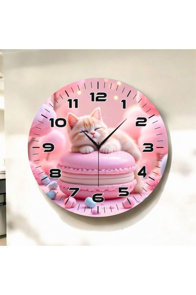 Pembe Kedi Renkli Baskı Hayvan Desenli Sayılı Hediyelik Ahşap Sessiz Duvar Saati 50cm
