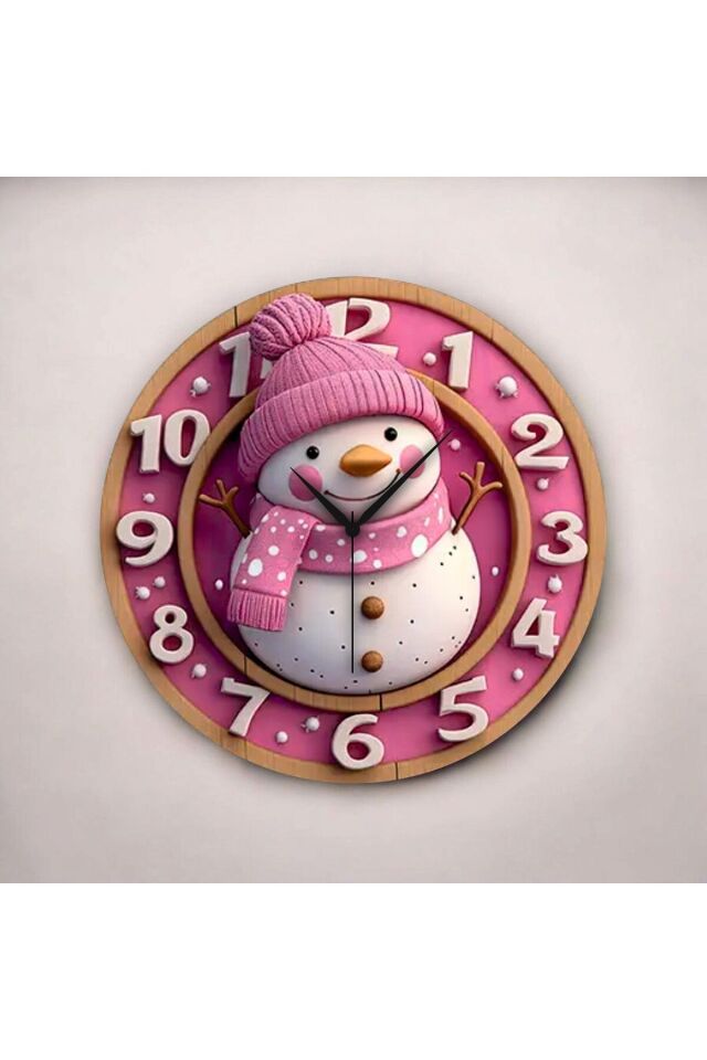 Pembe Kardan Adam Renkli Baskı Desenli Sayılı Hediyelik Ahşap Sessiz Duvar Saati 50cm